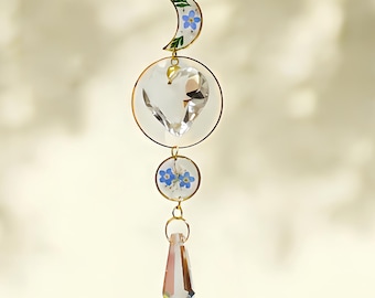 Personalized Pet Memorial Suncatcher, Moon and Heart Crystal Chime, Remembrance Gift