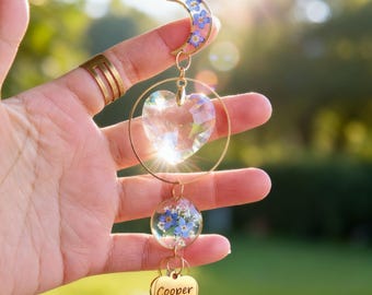 Dog Memorial Suncatcher - Moon & Day Forget-Me-Not Custom Engraved Name Tag Wind Chime (Day/Night Pet Remembrance)