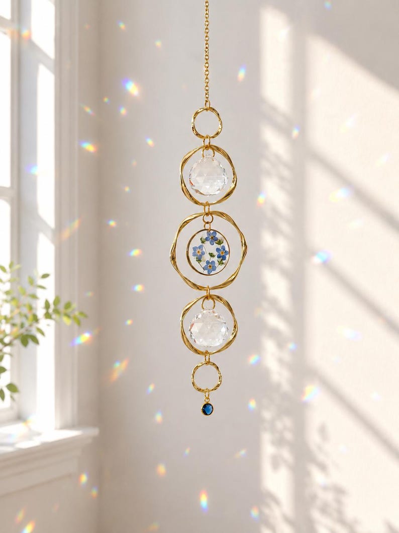 Atrapasueños personalizado con piedra natal, atrapasueños con flor nomeolvides, creador de arcoíris de cristal, adorno conmemorativo para ventana, regalo personalizado para mamá. imagen 5
