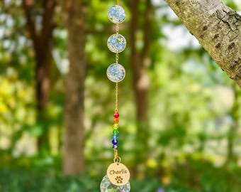 Rainbow Bridge Dog Memorial Windchimes, Personalized Crystal Suncatcher, Forget Me Not Pressed Flower, Sympathy Dog Remembrance Gift