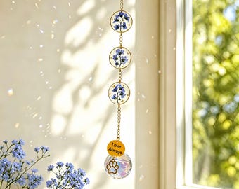 Forget Me Not Pet Memorial Suncatcher, Pressed Flower Crystal Rainbow Decor