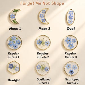 Puede incluir: Una colecci&oacute;n de nueve dijes de resina etiquetados como Forget Me Not Shape, con flores nomeolvides azules prensadas en marcos de metal dorado. Las formas incluyen dos lunas crecientes, un &oacute;valo, tres c&iacute;rculos, un hex&aacute;gono y dos c&iacute;rculos festoneados.