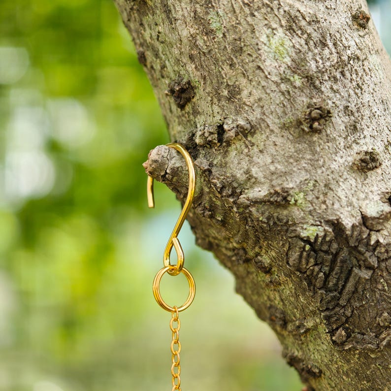 May include: A gold-colored metal hook hanging from a tree branch. The hook has a curved top, a circular ring, and a chain. The tree bark is textured and brown, with a blurred green background.