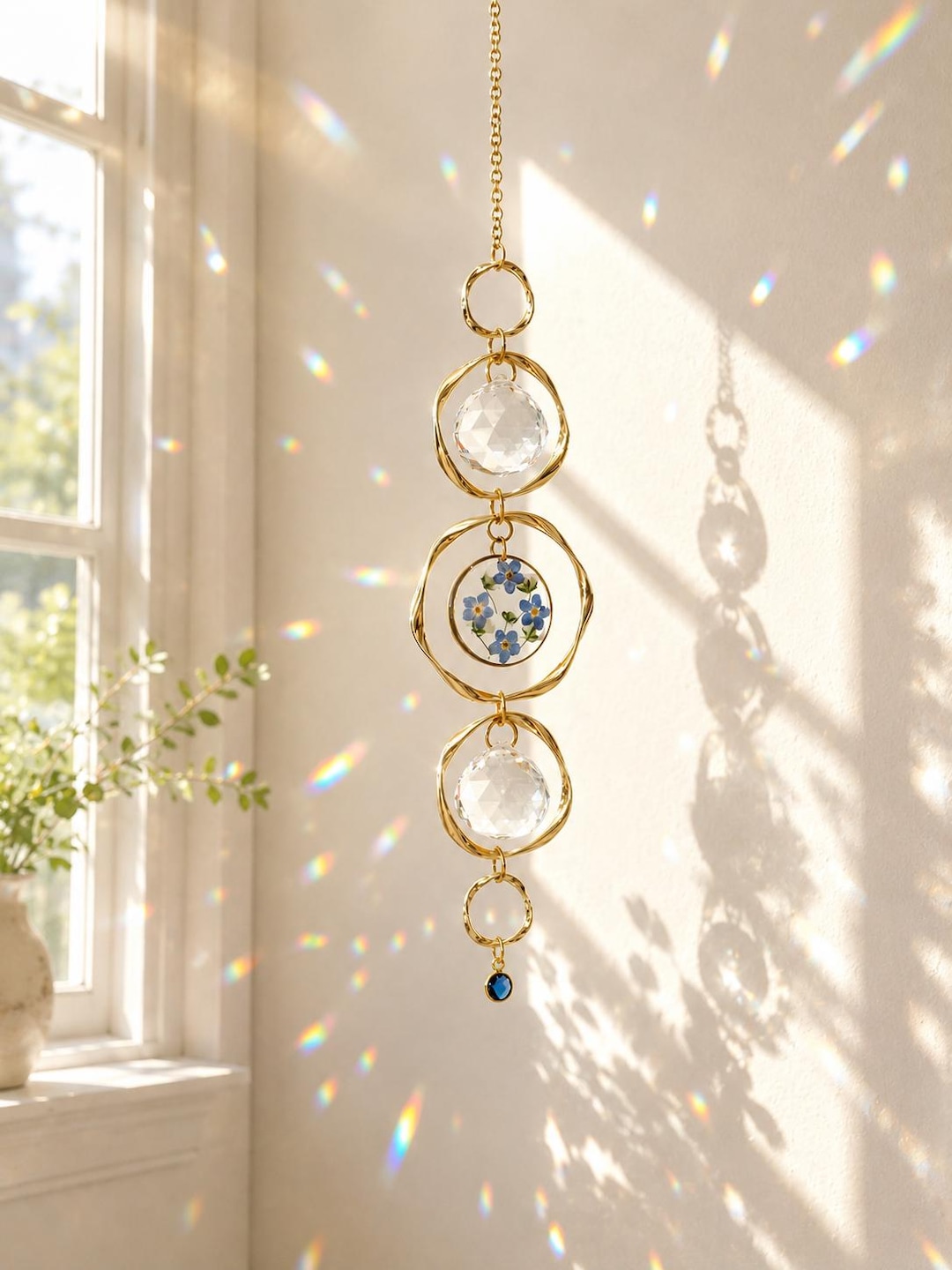 Personalized Birthstone Suncatcher, Forget Me Not Flower Suncatcher, Crystal Rainbow Maker