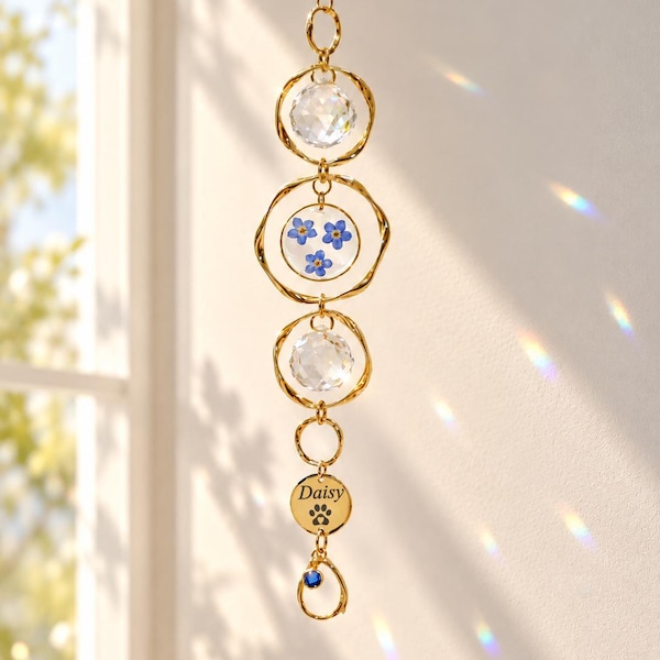 Personalized Pet Memorial Ornament, Forget Me Not Keepsake, Dog Cat Loss Gift, Rainbow Crystal Window Suncatcher, Ashes or Fur Holder