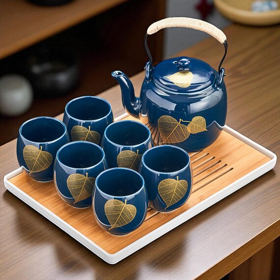 Blau Gold Japanisches Teeservice: Teekanne, Tassen & Tablett aus Porzellan  - Etsy.de