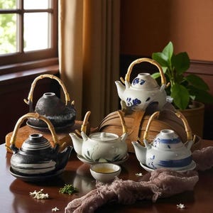 Puede incluir: Una colección de teteras de cerámica con asas de bambú y platillos a juego. Las teteras presentan varios diseños, incluyendo patrones florales azules, rayas blancas y negras y un acabado negro moteado. También hay un pequeño cuenco de té y elementos decorativos.