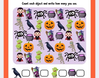 ハロウィンの「I Spy」印刷可能ゲーム | 幼稚園、ホームスクール、教室向けアクティビティワークシート