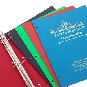 May include: A red binder with silver metal rings holds a stack of colorful documents. The documents are blue, red, green, and black, with the blue document featuring gold text that reads "ESTATE PLANNING DOCUMENTS."