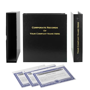 May include: Black corporate record binder with gold lettering that reads "CORPORATE RECORDS OF YOUR COMPANY NAME HERE." The binder is shown with three membership certificates and a side view of the binder with the text "YOUR COMPANY NAME HERE."