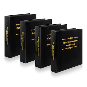 May include: A set of five black binders with gold lettering. The text "ESTATE PLANNING PORTFOLIO" is displayed vertically on the spine and horizontally on the front cover. The binders are arranged in a row, slightly angled.