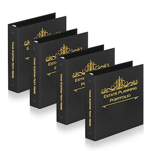 May include: Four black three-ring binders arranged in a staggered row. Each binder features gold foil decorative flourishes and the text "ESTATE PLANNING PORTFOLIO" on the front cover, with "YOUR CUSTOM TEXT HERE" printed vertically on the spine.