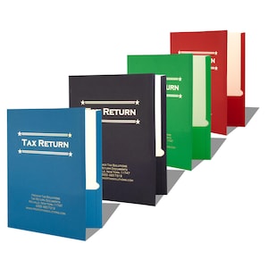 May include: A set of four vertical presentation folders in blue, black, green, and red. Each folder features the text TAX RETURN with stars, and the company name Premier Tax Solutions with address and phone number printed in white on the front cover.
