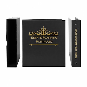May include: A black three-ring binder and matching slipcase set featuring gold foil text that reads ESTATE PLANNING PORTFOLIO on the front cover and YOUR CUSTOM TEXT HERE on the spine, accented with a decorative gold filigree design.