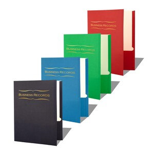 May include: A set of four vertical pocket folders in black, blue, green, and red. Each folder features the text "BUSINESS RECORDS" printed in gold foil with a decorative flourish above and below the lettering. The folders are open to reveal white interior pockets.
