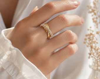 Crossover Gold Ring, Adjustable CZ Ring, 18K Gold Plated Criss Cross Ring, Dainty Statement Ring, Minimalist Gift for Her