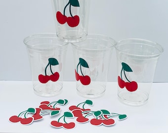 Cherry  clear plastic party cups- vinyl stickers- baby/  bridal shower- Birthday theme cherry decor party W/ table scatter cutouts