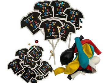 90's cupcake toppers with "back to the 90's" tee's, balloons and mini confetti toss. House party, throwback party,90's theme party decor.