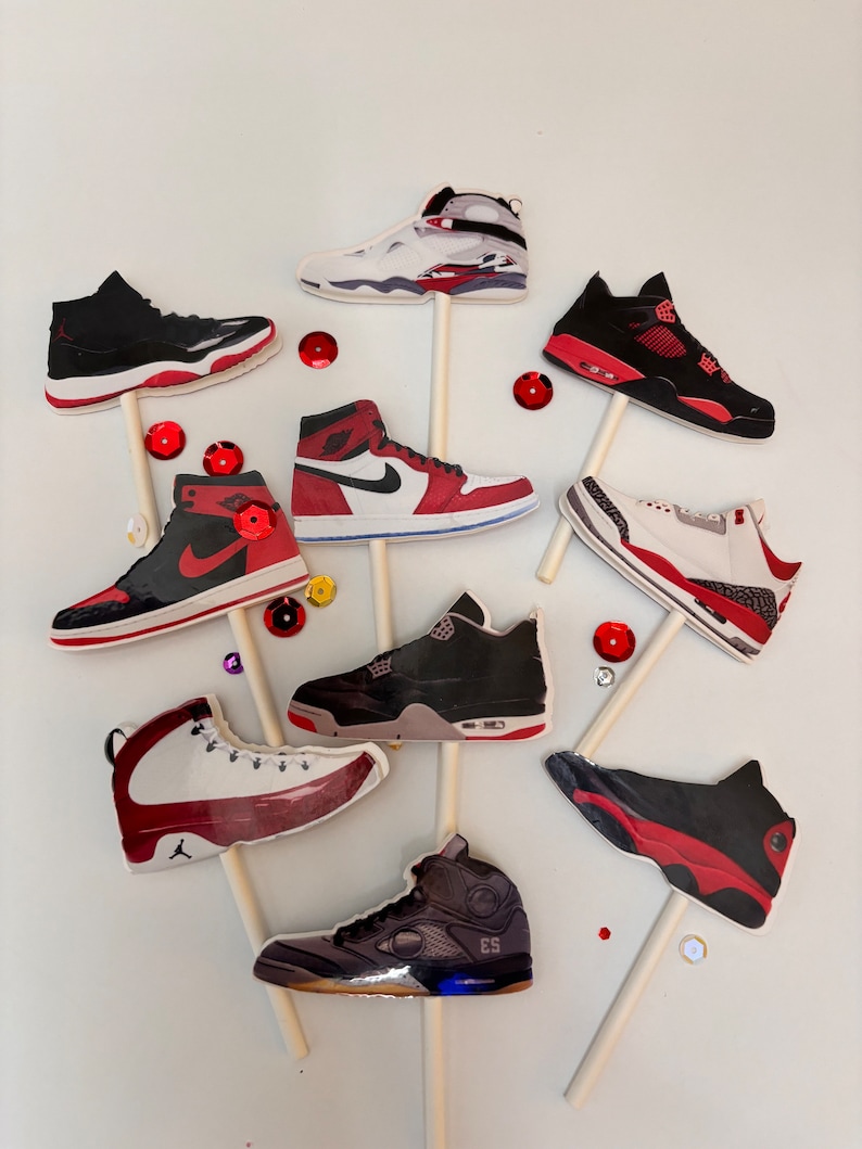 SNEAKERS CUPCAKE TOPPERS jumpman party favors, basketball party decor, basketball theme party goods, red-black sneakers. J's cupcake topper image 9