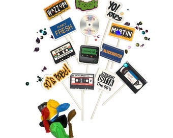 90's ol school  cupcake topper, house party, throwback party,90's theme party decor. funky fresh hip hop party theme 13 cutouts pieces signs
