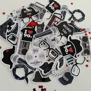 Hip Hop era themed  confetti table toss cut out pieces. 90&#39;s party decor, 90&#39;s white parties,rap,sneakers, chain,Cd&#39;s,Boombox table scatter
