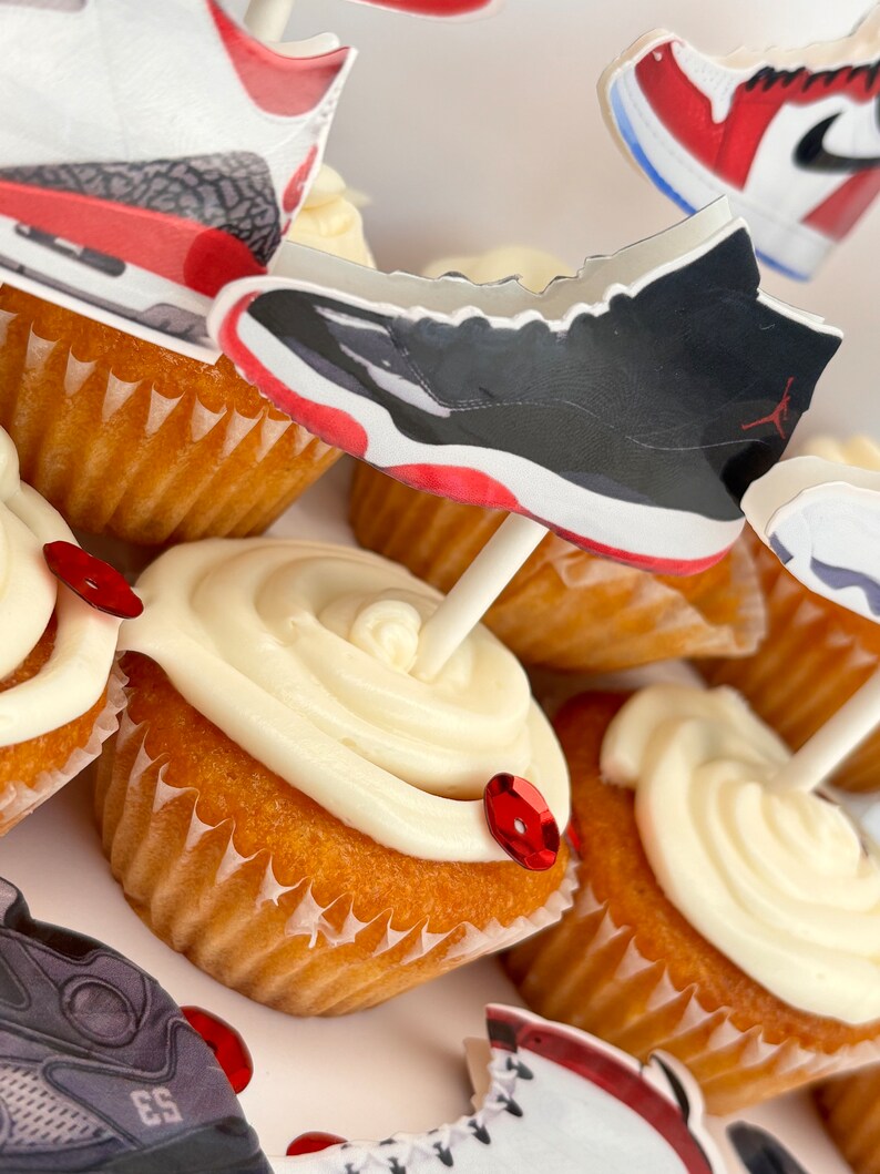 SNEAKERS CUPCAKE TOPPERS jumpman party favors, basketball party decor, basketball theme party goods, red-black sneakers. J's cupcake topper image 4