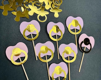 Pink-Gold bikini pacifier baby shower cupcake toppers with mini pacifiers table confetti table toss set of 12 toppers plus mini's