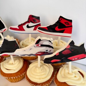 SNEAKERS CUPCAKE TOPPERS jumpman party favors, basketball party decor, basketball theme party goods, red-black sneakers. J's cupcake topper image 2