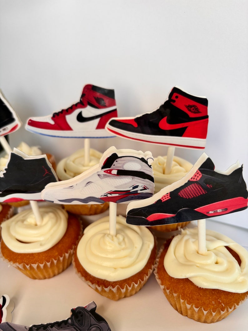 SNEAKERS CUPCAKE TOPPERS jumpman party favors, basketball party decor, basketball theme party goods, red-black sneakers. J's cupcake topper image 2