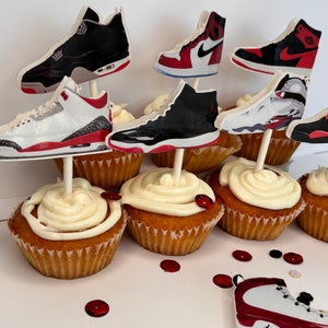 SNEAKERS CUPCAKE TOPPERS jumpman party favors, basketball party decor, basketball theme party goods, red-black sneakers. J's cupcake topper image 6