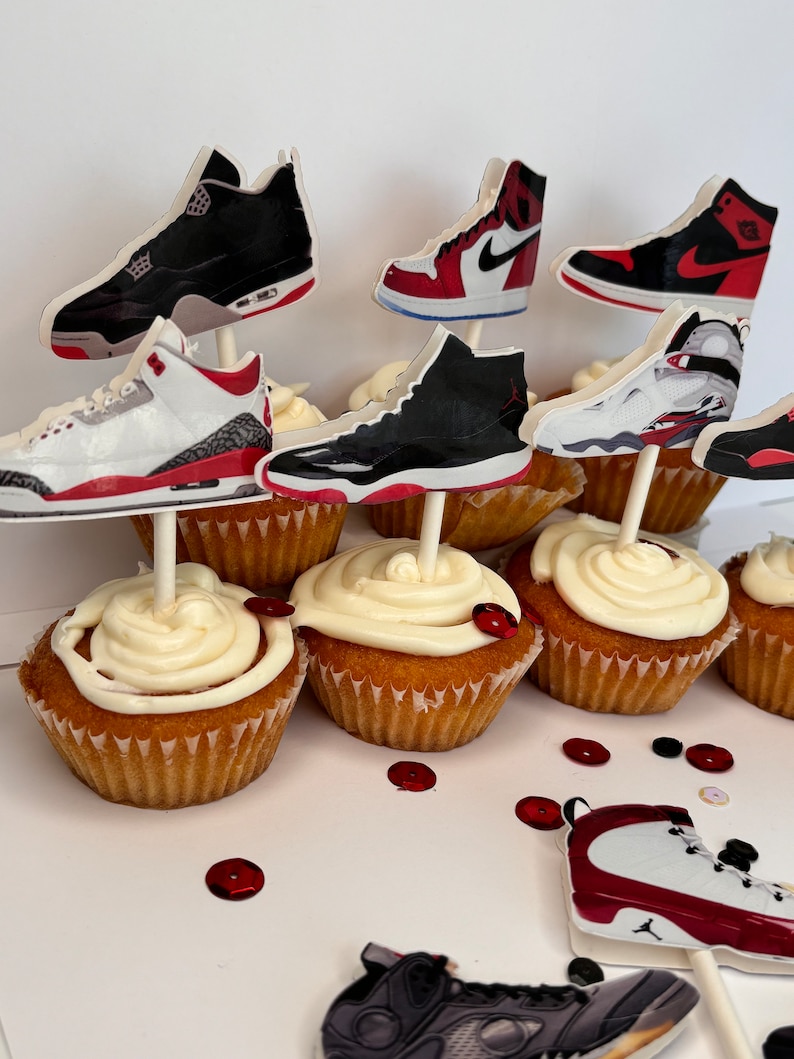 SNEAKERS CUPCAKE TOPPERS jumpman party favors, basketball party decor, basketball theme party goods, red-black sneakers. J's cupcake topper image 6