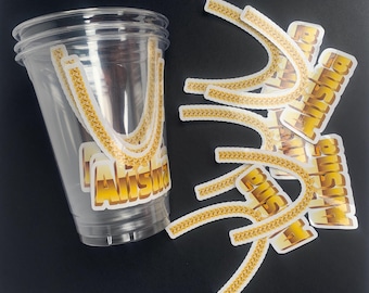 Custom party  personalized cups gold chain 90's party  name plate stickers on clear drinking  16oz cups.Hip hop ol school party decor B-day