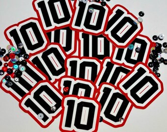 Red-black-white personalized number/age table Varsity font confetti table scatter toss. party favors. 30 per pack