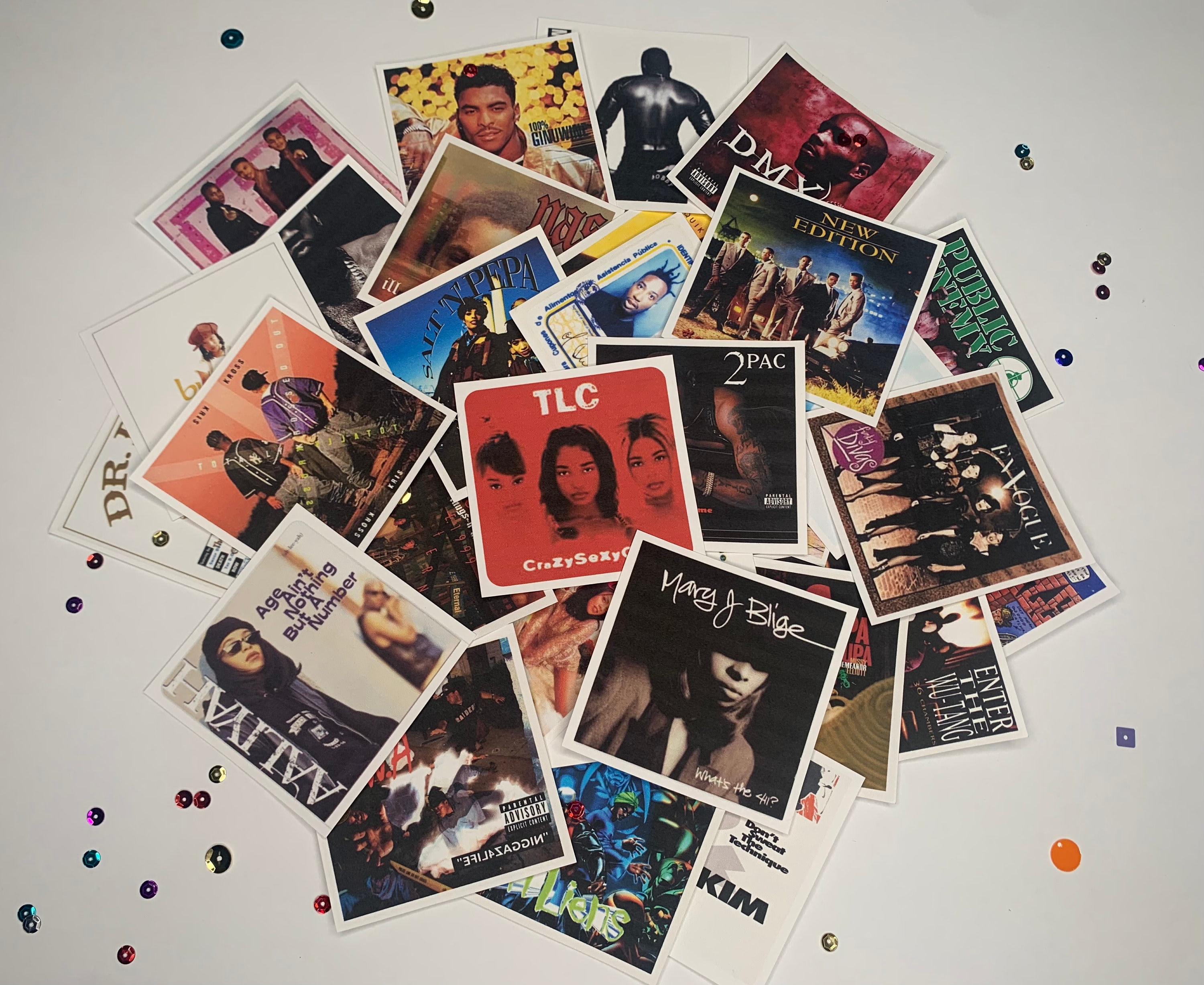 90s 3X3 33pcs Hip hopRB music Cdalbum cover table toss confetti decor Cd cover paper cut outs 90s theme table party