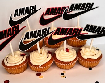 SWOOSH PERSONALIZED  NAME cupcake toppers,  party favors, basketball party decor,  basketball theme party goods