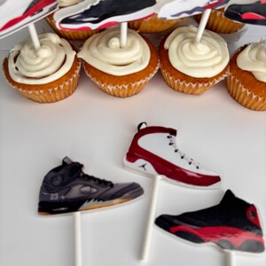 SNEAKERS CUPCAKE TOPPERS jumpman party favors, basketball party decor, basketball theme party goods, red-black sneakers. J's cupcake topper image 3