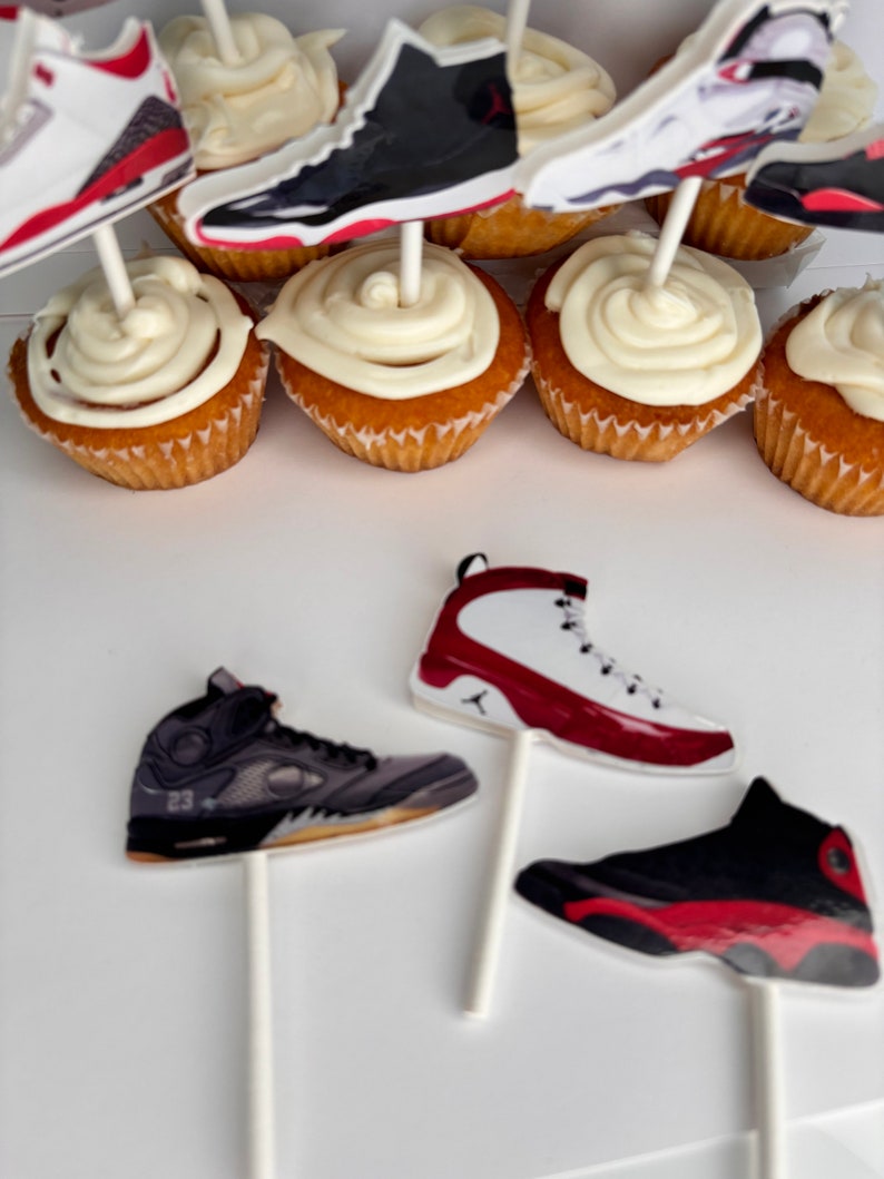 SNEAKERS CUPCAKE TOPPERS jumpman party favors, basketball party decor, basketball theme party goods, red-black sneakers. J's cupcake topper image 3