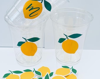 Lemon theme baby shower clear plastic party cups- vinyl stickers- bridal shower- Birthday theme lemon decor party W/ table scatter cutouts