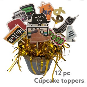 90's hip hop era cupcake topper house party, throwback party,90's theme party decor. funky fresh hip hop party theme 12 pc cutouts pieces