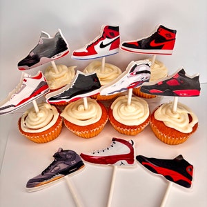 SNEAKERS CUPCAKE TOPPERS jumpman party favors, basketball party decor, basketball theme party goods, red-black sneakers. J's cupcake topper image 1