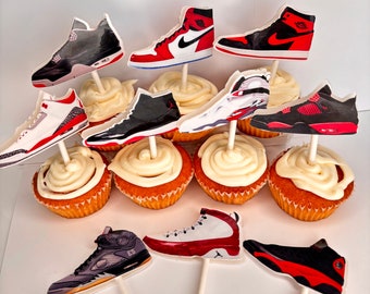 SNEAKERS CUPCAKE TOPPERS jumpman party favors, basketball party decor,  basketball theme party goods, red-black sneakers. J's cupcake topper