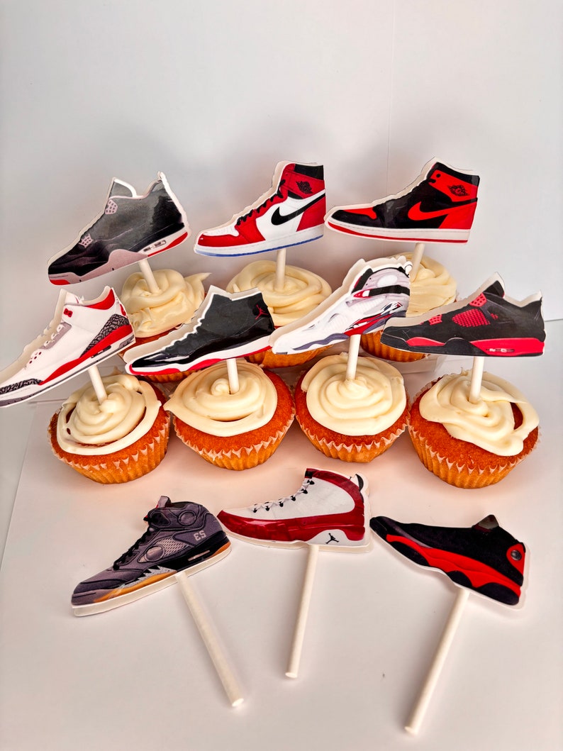 SNEAKERS CUPCAKE TOPPERS jumpman party favors, basketball party decor, basketball theme party goods, red-black sneakers. J's cupcake topper image 1