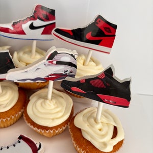 SNEAKERS CUPCAKE TOPPERS jumpman party favors, basketball party decor, basketball theme party goods, red-black sneakers. J's cupcake topper image 5