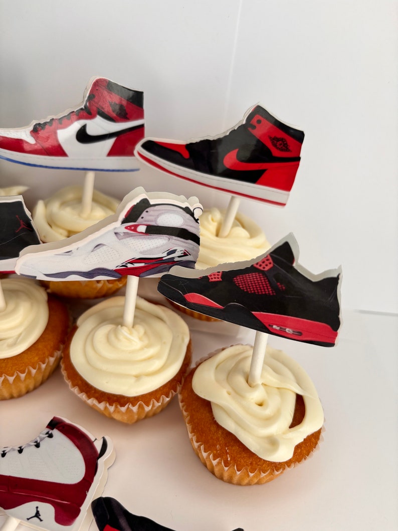 SNEAKERS CUPCAKE TOPPERS jumpman party favors, basketball party decor, basketball theme party goods, red-black sneakers. J's cupcake topper image 5