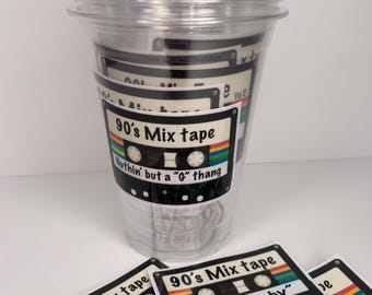 Cassette tapes  drinking cups, stickers on clear drinking 16oz cups. Hip hop ol school party decor B-day party, bachelorette. 90's decor