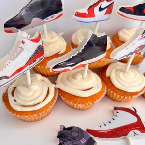 SNEAKERS CUPCAKE TOPPERS jumpman party favors, basketball party decor, basketball theme party goods, red-black sneakers. J's cupcake topper image 10