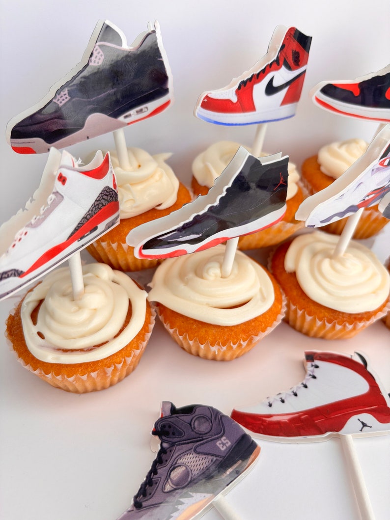 SNEAKERS CUPCAKE TOPPERS jumpman party favors, basketball party decor, basketball theme party goods, red-black sneakers. J's cupcake topper image 10