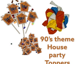 90's hip hop era  orange cupcake toppers with balloons and  mini confetti toss. House party, throwback party,90's theme party decor.