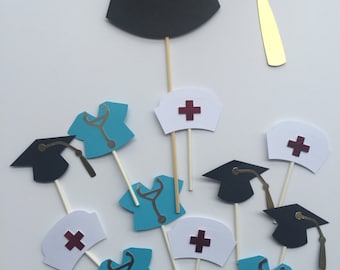 NURSES GRADUATION  cake topper and cupcake toppers, nurses scrubs, graduation hats and nurses hats. Graduation decorations for cupcakes