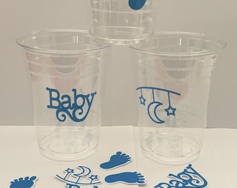 Baby blue  clear plastic party cups- vinyl decals baby shower party decor W/ table scatter cutouts- baby feet, moon and stars and crowns